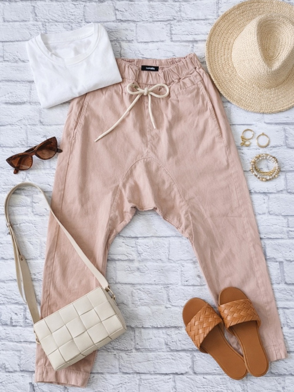 Bassike 100% cotton Blush pink Beige made in Australia crop pants